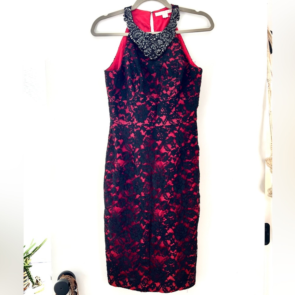 Boston Proper Red and Black Lace Midi Dress with Black Rhinestone Neckline